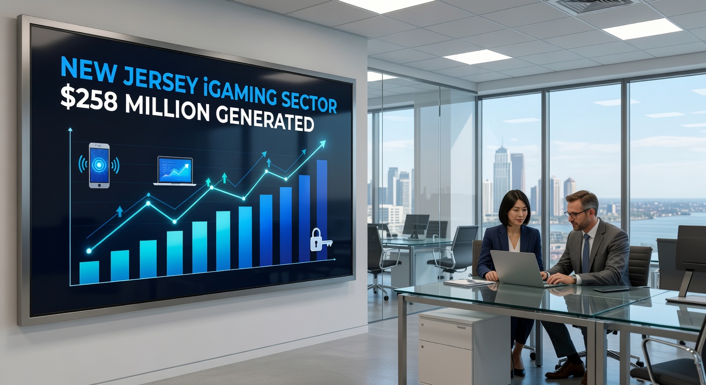 Aerial view of Atlantic City's iconic boardwalk and casino skyline at dusk, contrasting traditional land-based gaming with the rise of online platforms