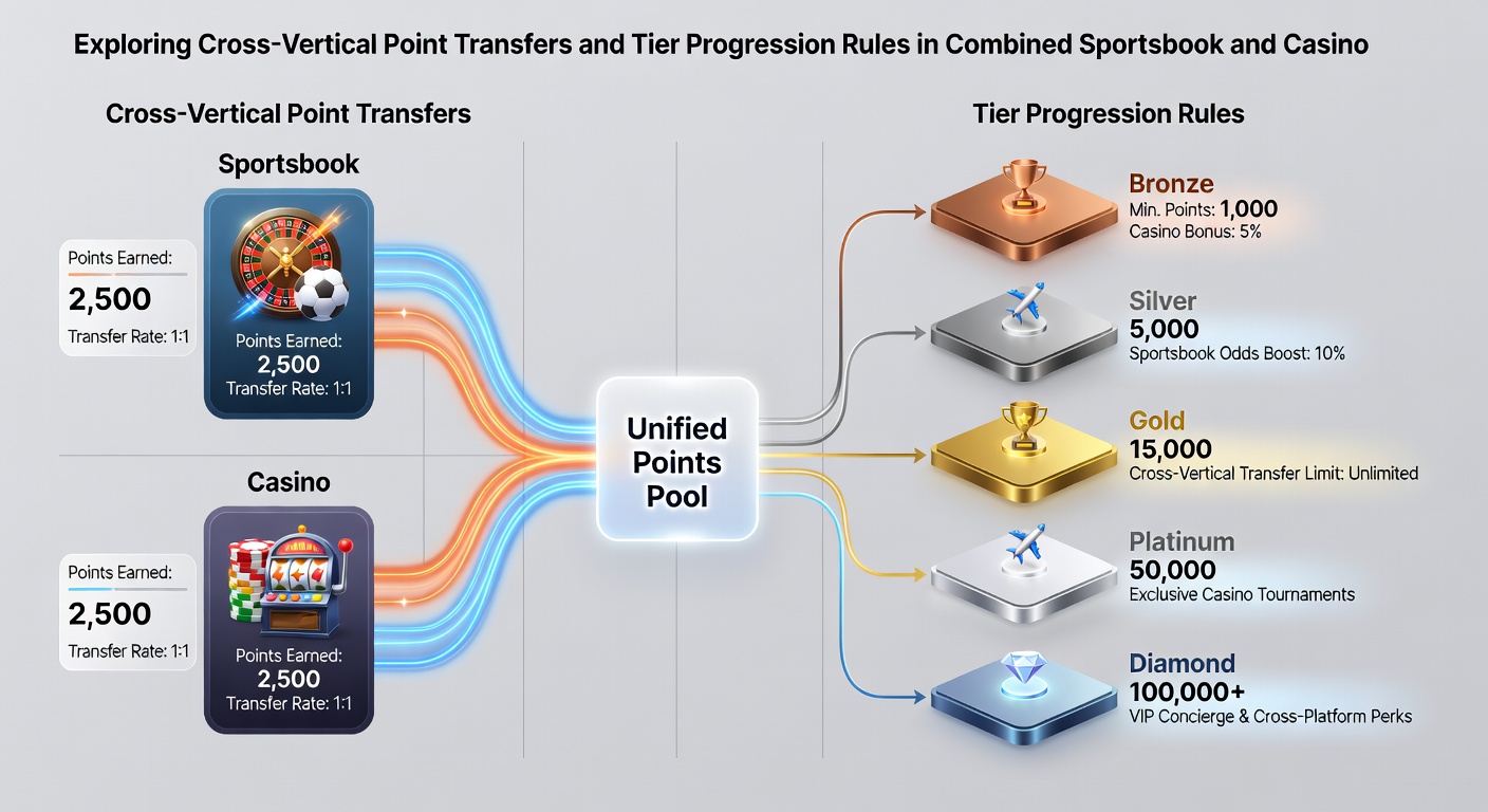 Flowchart illustrating tier progression requirements and point conversion ratios between sportsbook and casino accounts
