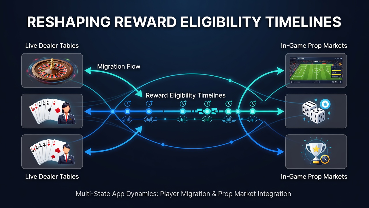 Illustration of players switching between live dealer tables and in-game prop markets within multi-state mobile apps
