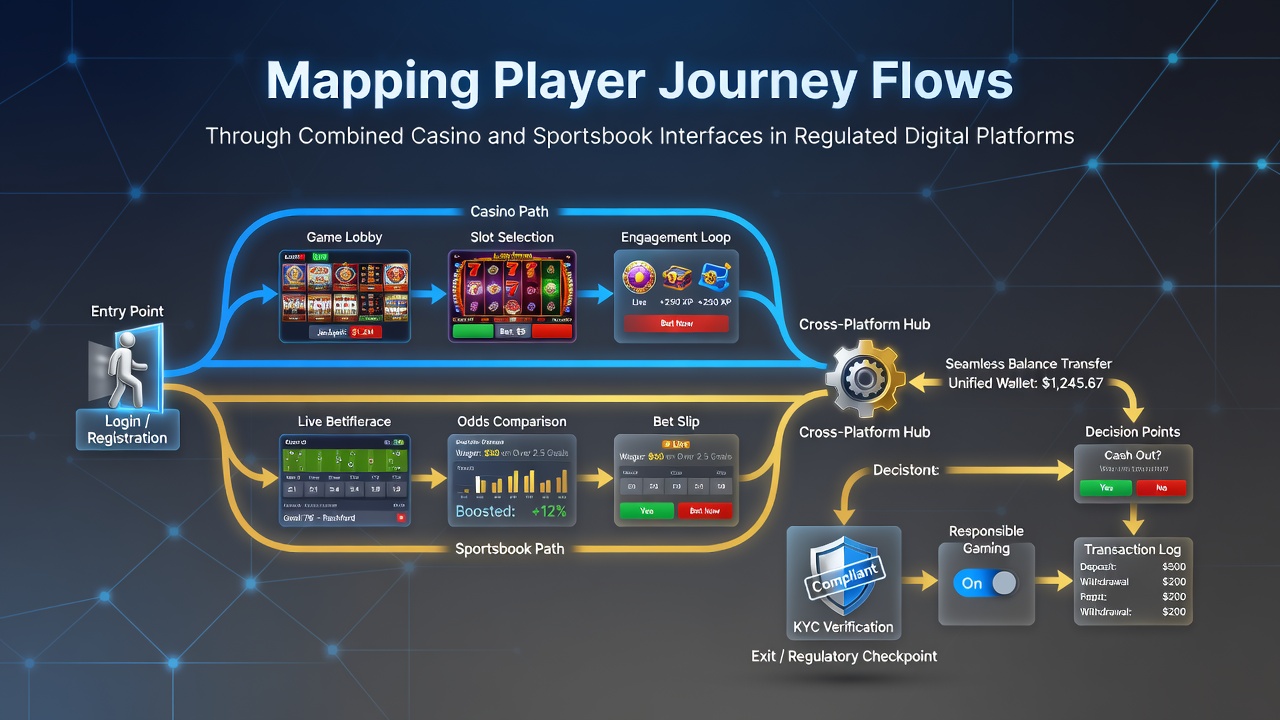 Diagram showing user navigation paths between sportsbook and casino sections in a unified mobile betting app interface