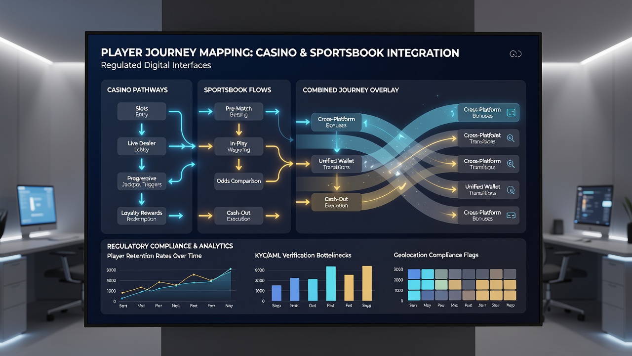 Flowchart illustrating player progression from live sports betting to casino game sessions with retention metrics overlaid