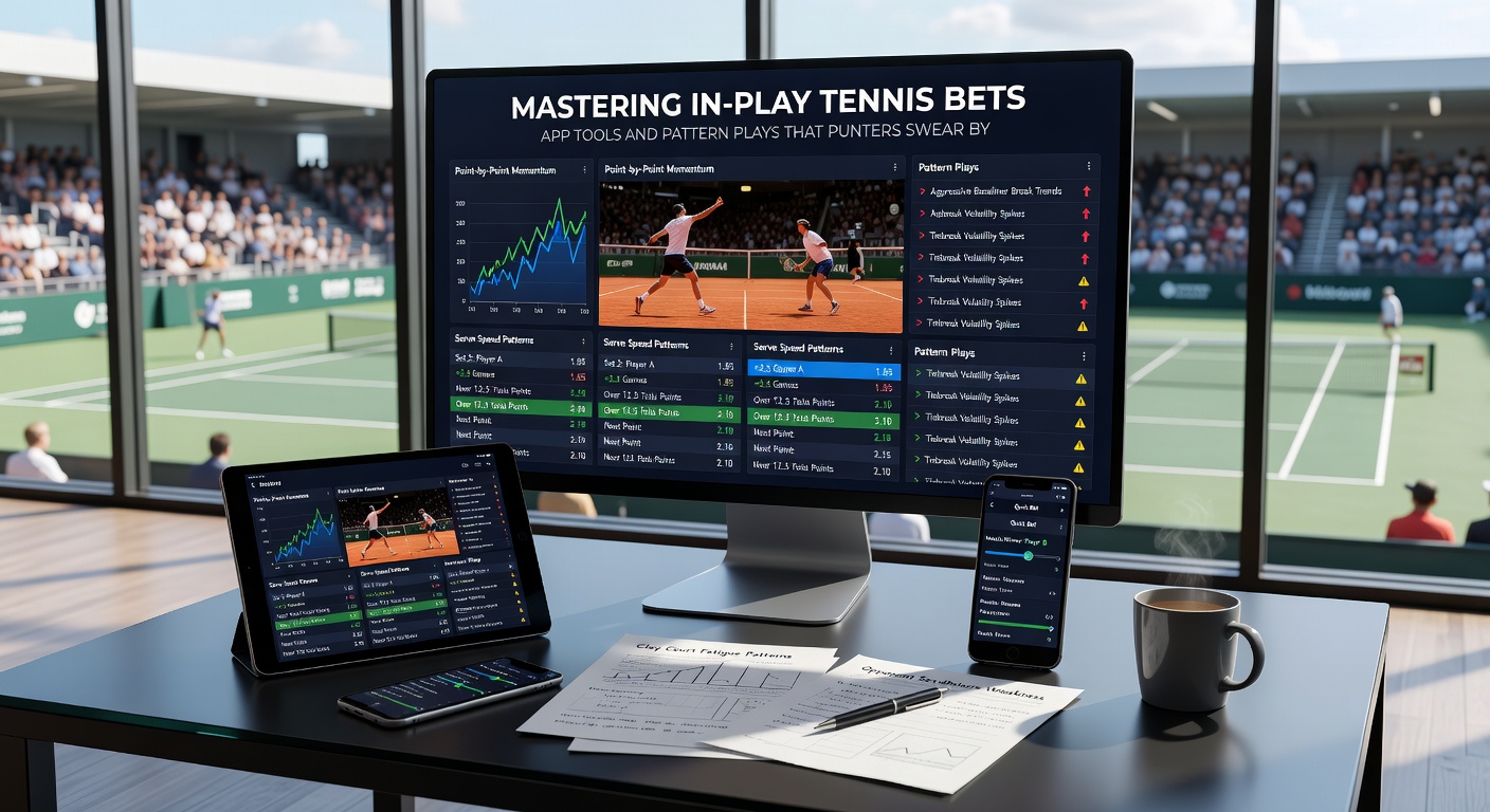 Close-up of a tennis app interface displaying live odds, stats graphs, and player performance metrics during an intense match