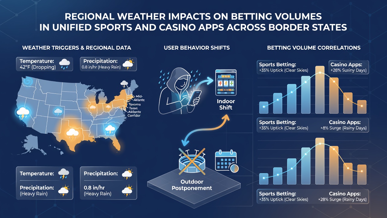 Mobile app interfaces showing weather-related betting volume changes across state borders