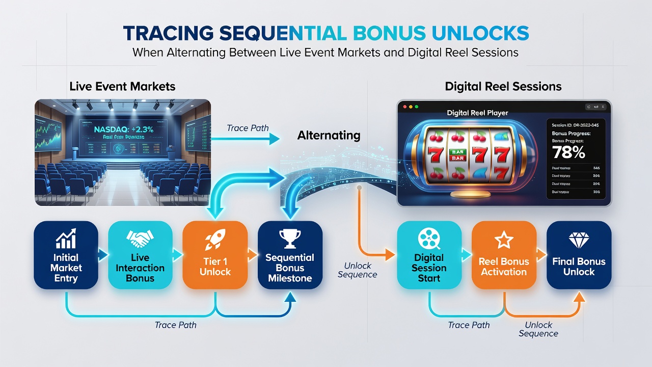 Flowchart illustrating how live event wagers and digital reel spins feed into sequential bonus stages